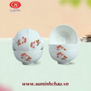 Bộ 6 chén cơm sứ Minh Châu vẽ hoa sen hồng