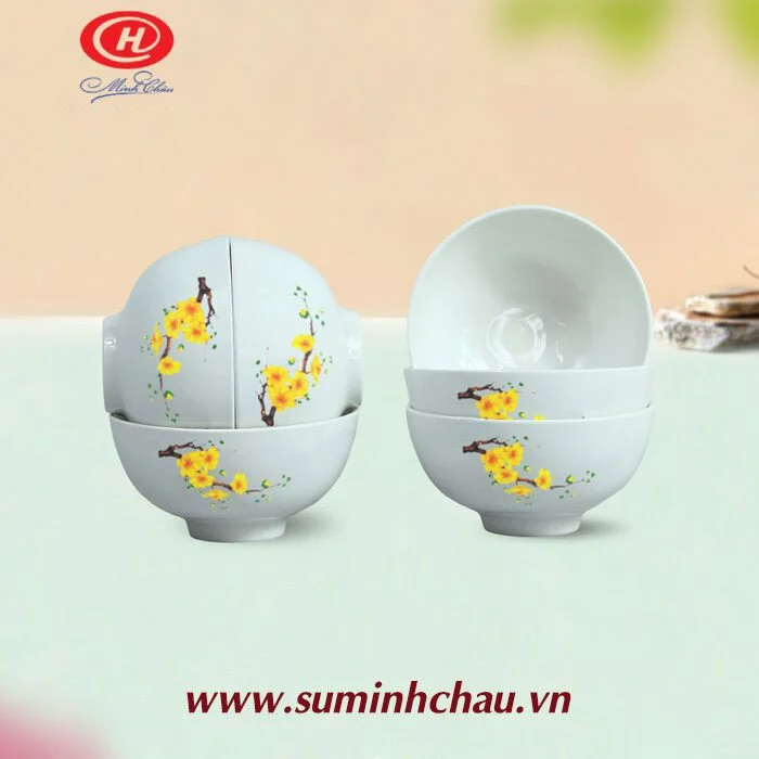 Tặng quà sang trọng bằng bộ bàn ăn Bát Tràng Bộ 6 Chén Cơm Sứ Minh Châu Vẽ Hoa Mai