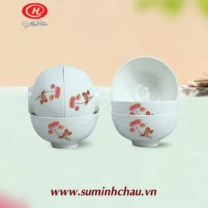 Bộ 6 chén cơm sứ Minh Châu vẽ hoa sen hồng