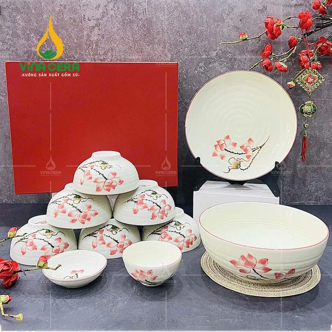 Bộ Chén Đĩa Bát Tràng In Logo – Bộ Quà Tặng Ý Nghĩa Cho Khách Hàng Bộ chén đĩa Bát Tràng vẽ sen hồng