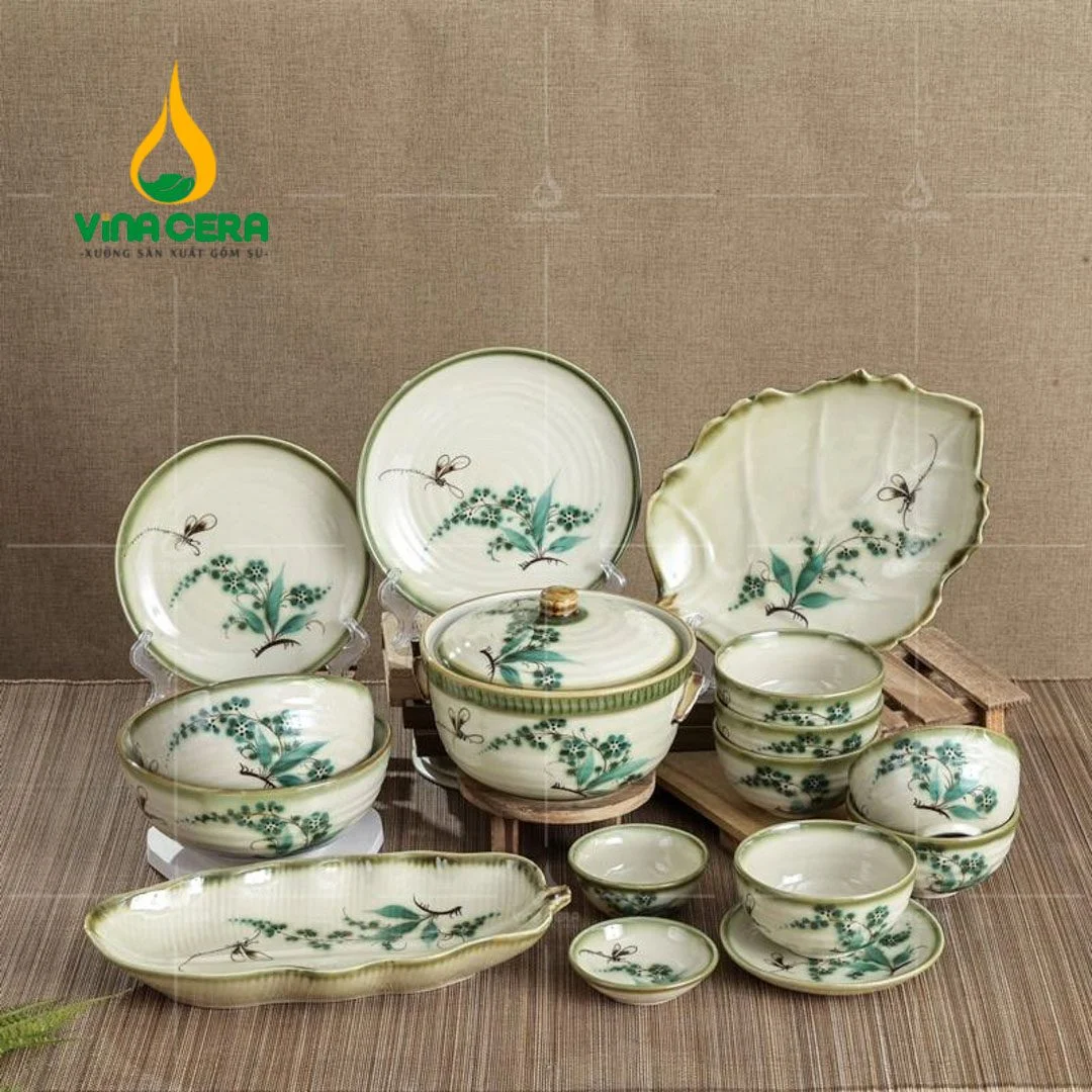 Tìm hiểu bộ bàn ăn sứ Minh Châu cao cấp Bộ chén đĩa Bát Tràng vẽ trúc chuồn