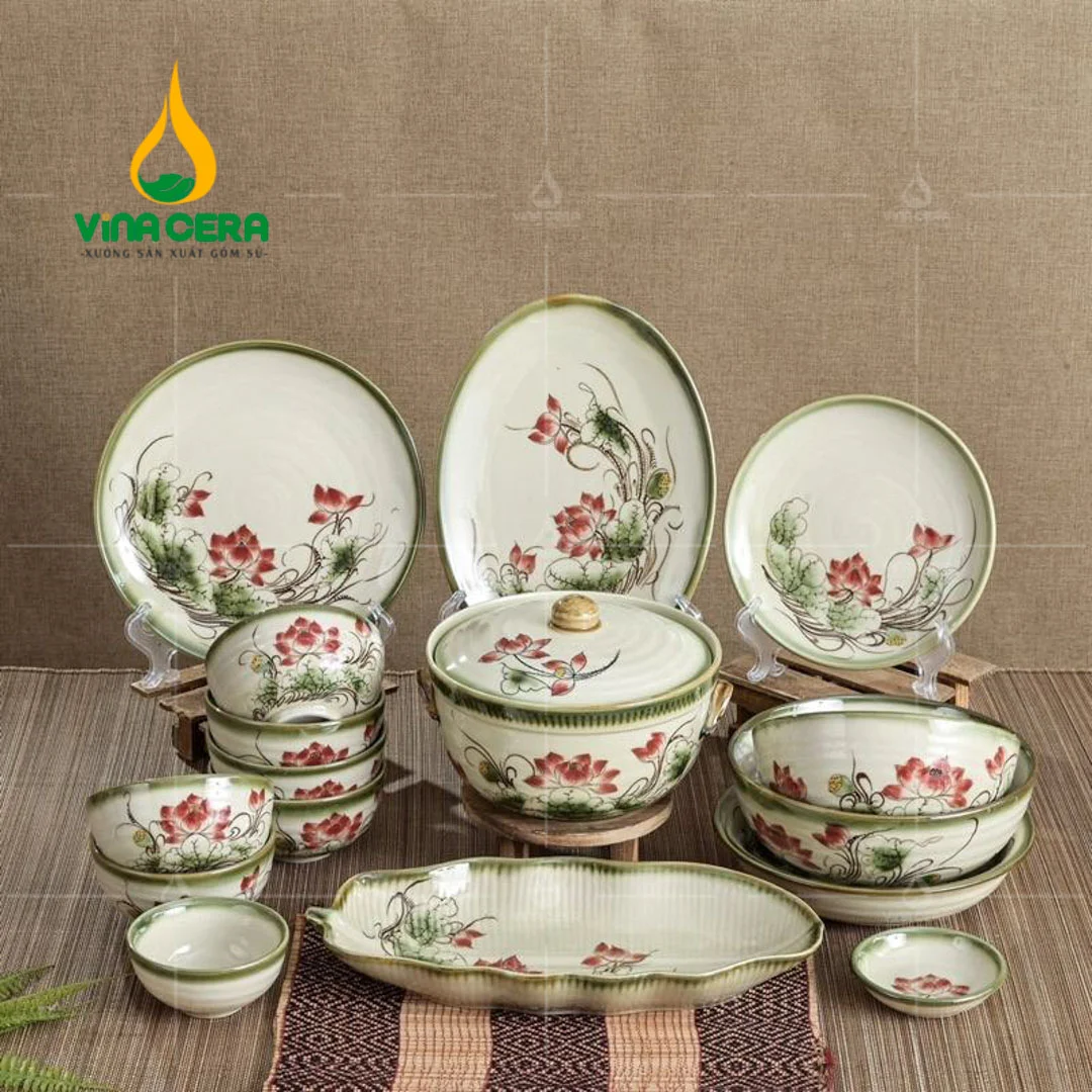 Bộ Chén Đĩa Bát Tràng In Logo – Bộ Quà Tặng Ý Nghĩa Cho Khách Hàng Bộ chén đĩa Bát Tràng vẽ sen hồng