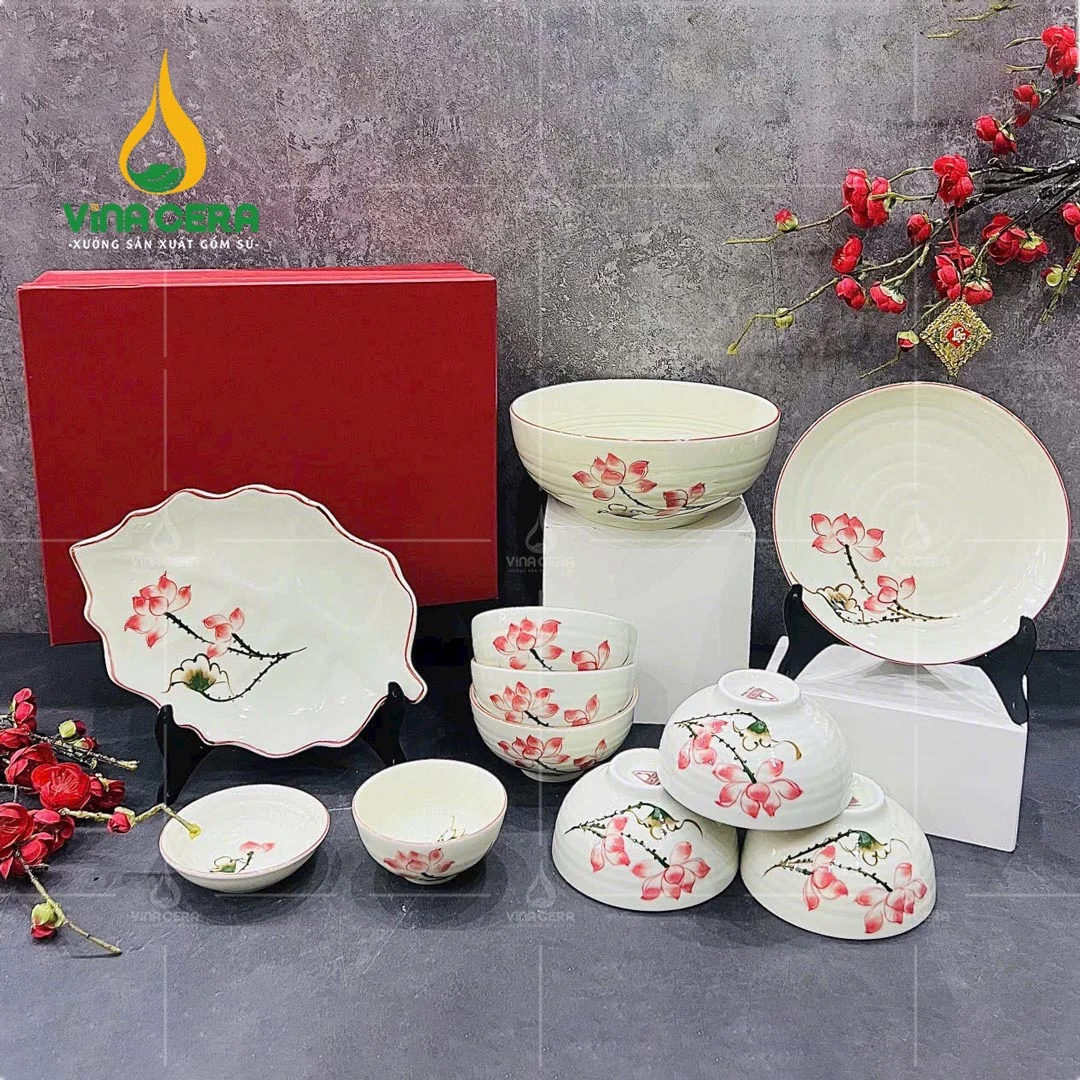 Mua bộ bát đĩa sứ cao cấp chính hãng ở đâu ? Bộ chén đĩa Bát Tràng vẽ sen hồng