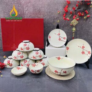 Bộ chén đĩa Bát Tràng vẽ hoa đào