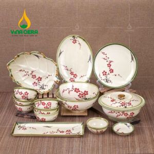 Bộ chén đĩa Bát Tràng vẽ hoa đào