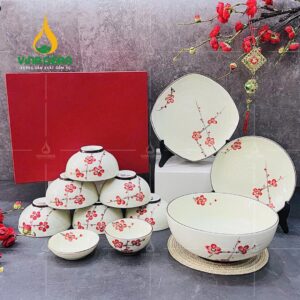 Bộ chén đĩa Bát Tràng vẽ hoa đào