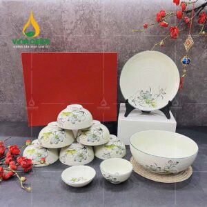 Bộ chén đĩa Bát Tràng vẽ sen xanh