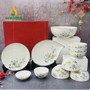 Bộ chén đĩa Bát Tràng vẽ sen xanh