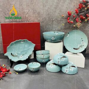 Bộ chén đĩa men xanh vẽ hoa đào trắng