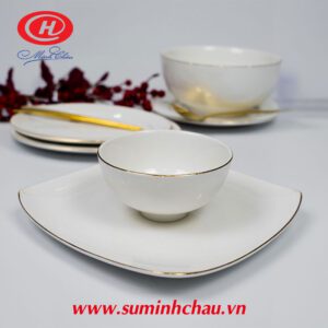 Bộ 6 Chén Cơm Minh Châu Sứ Trắng Chỉ Vàng