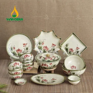 Bộ chén đĩa Bát Tràng vẽ sen hồng