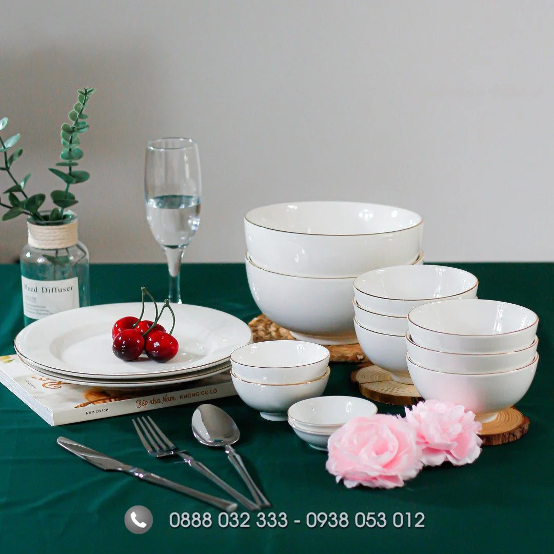 Mua Bộ Chén Đĩa Minh Châu Ở Đâu ? Bát Đĩa Đẹp Xuất Khẩu Bát đĩa nhà hàng sứ trắng viền vàng