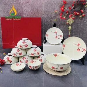 Bộ chén đĩa Bát Tràng vẽ hoa đào