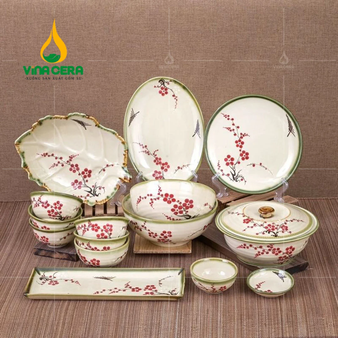 Bộ chén đĩa Bát Tràng vẽ hoa đào