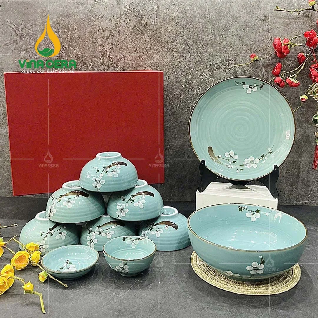 Bát đĩa cao cấp Bát Tràng tại Xưởng Gốm Sứ Bộ chén đĩa men xanh vẽ hoa đào trắng