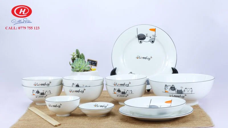 Tìm Đại Lý Gốm Sứ Minh Châu Cấp 1 Toàn Quốc Bộ bàn ăn Sứ Minh Châu họa tiết lovely cat