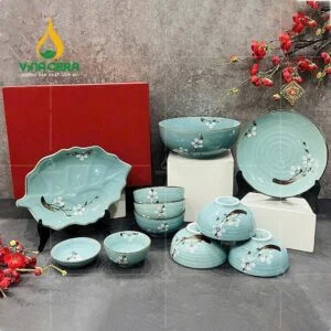 Bộ chén đĩa men xanh vẽ hoa đào trắng