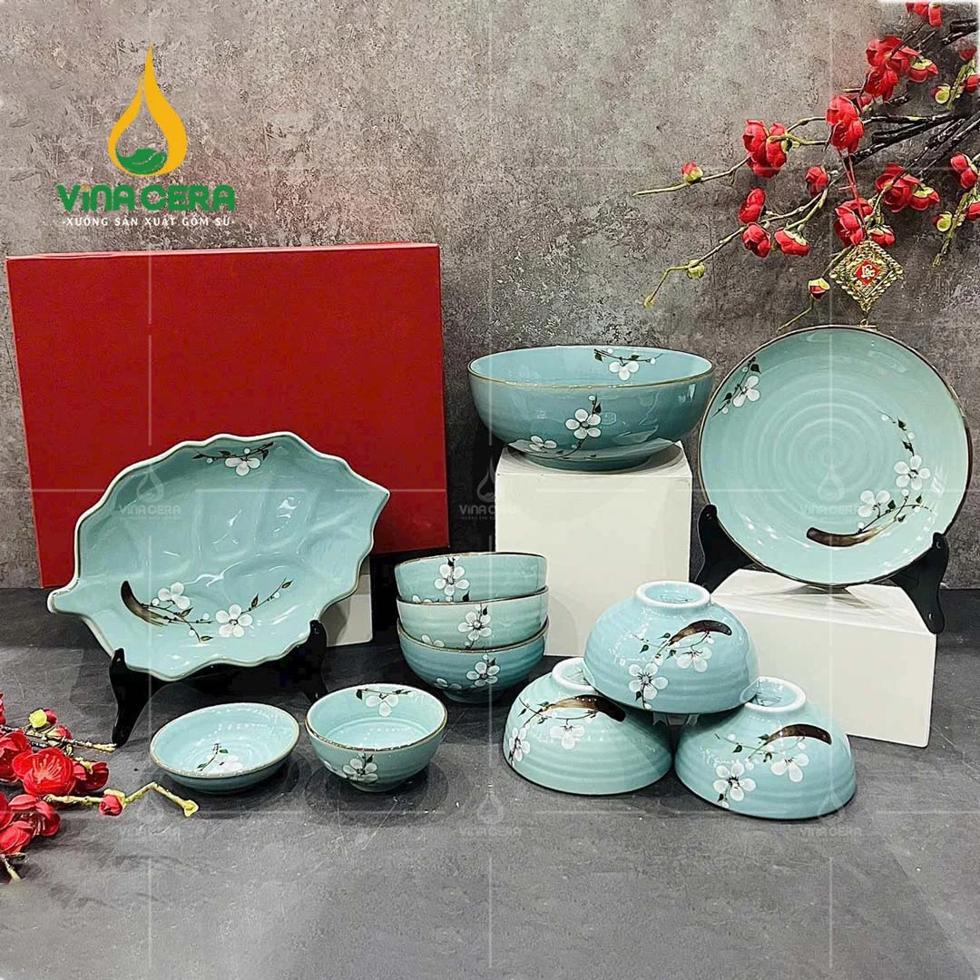 Bộ chén đĩa men xanh vẽ hoa đào trắng