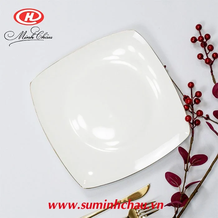 Bộ chén dĩa mạ vàng ở đâu bán? Bát đĩa mạ vàng giá bao nhiêu? Đĩa Vuông Sứ Trắng Minh Châu Viền Vàng 21cm - MC-DVC21KV