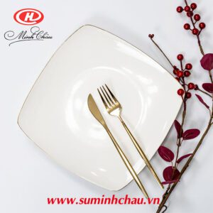 Đĩa Vuông Sứ Trắng Minh Châu Viền Vàng 21cm - MC-DVC21KV bát đĩa sứ minh châu
