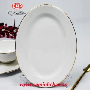 Đĩa Xoài Sứ Minh Châu Trắng Kẻ Vàng 25cm - MC-DX25KV