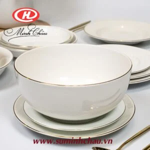 Tô Sứ Trắng Minh Châu Kẻ Viền Vàng 20.2cm