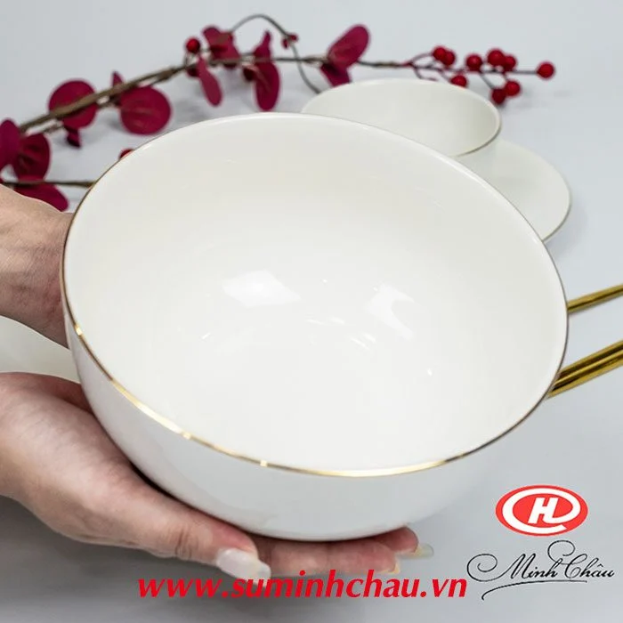 Tô Sứ Trắng Minh Châu Kẻ Vàng 17.7cm - MC-TH07KV
