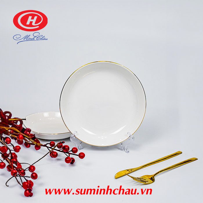 Địa chỉ cung cấp phân phối chén đĩa sứ trắng giá rẻ TP.HCM Đĩa Sứ Minh Châu Lòng Sâu Trắng Viền Vàng