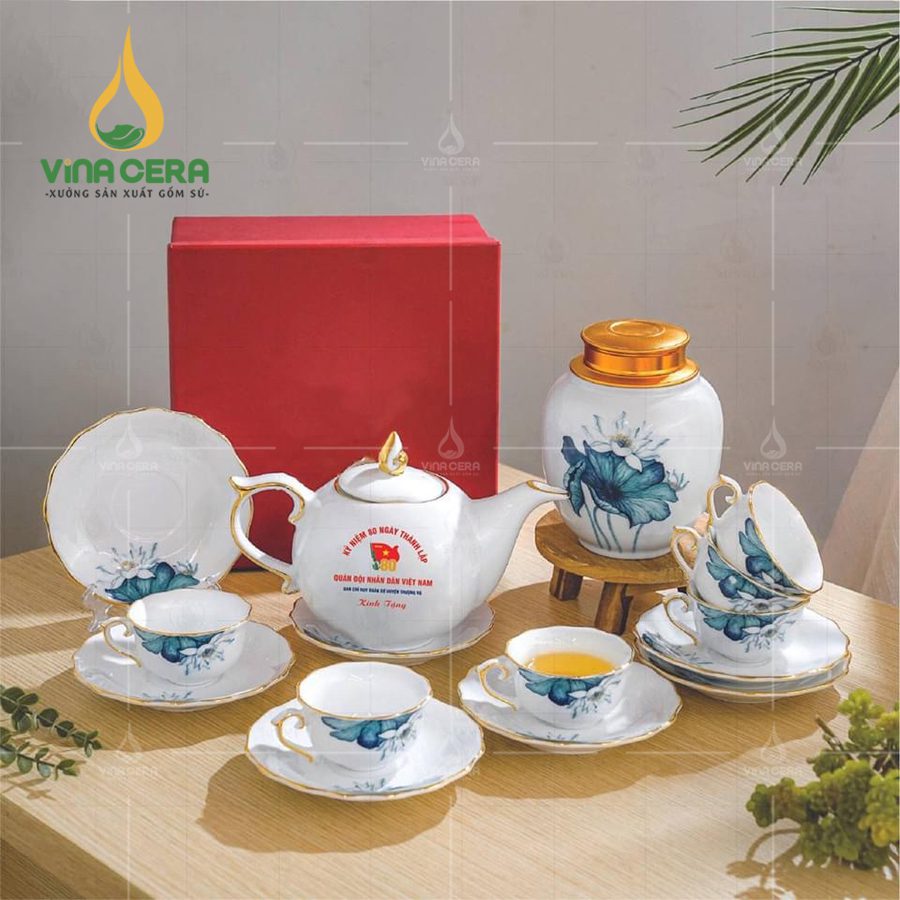 Ấm Chén In Logo Bộ Ấm Trà Hoa Văn in logo quà tặng