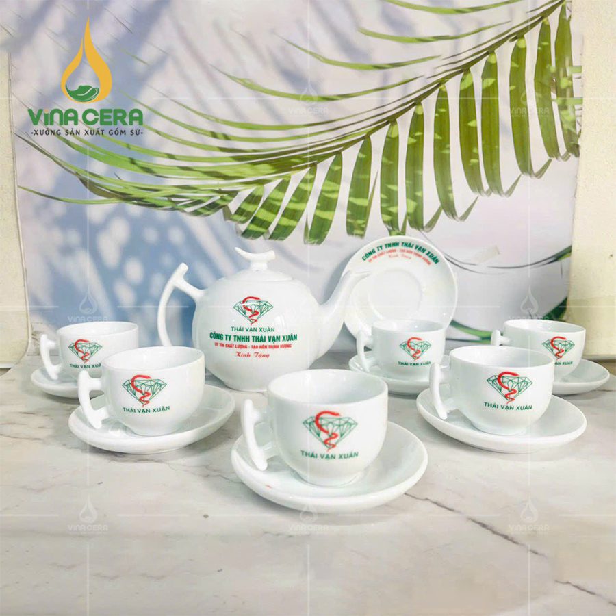 Ấm Chén In Logo Bộ ấm trà trắng in logo quà tặng
