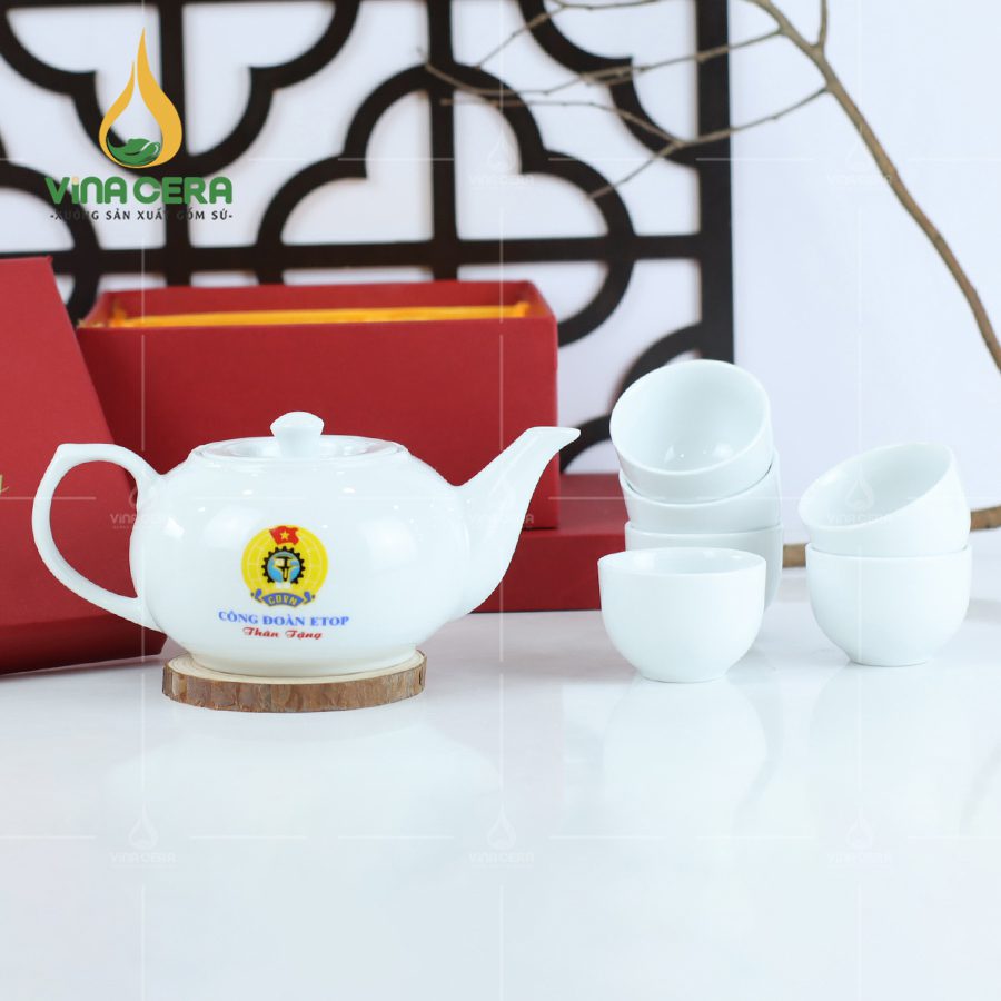 Ấm Chén In Logo Bộ ấm trà sứ trắng in logo quà tặng