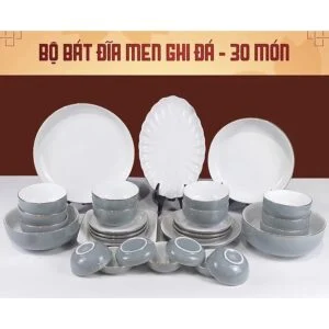 Bộ Chén Bát In Logo Sứ Minh Châu- Quà tết 2023 in logo Bộ bát đĩa men ghi đá viền vàng kim