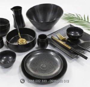Bát đĩa nhà hàng men đen chấm sơn