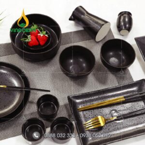 Bát đĩa nhà hàng men đen chấm sơn