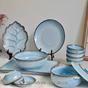 Bát đĩa nhà hàng men xanh kẻ viền