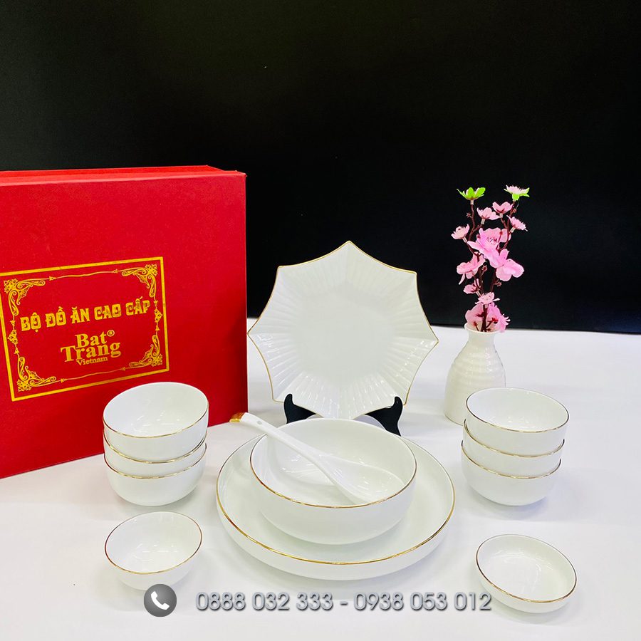 Cung cấp bộ bát đĩa sứ cao cấp – bát đĩa đẹp xuất khẩu Bát đĩa nhà hàng sứ trắng viền vàng