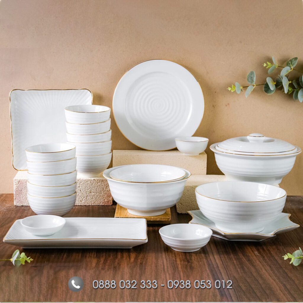 Bát Đĩa Nhà Hàng Bát đĩa nhà hàng sứ trắng viền vàng
