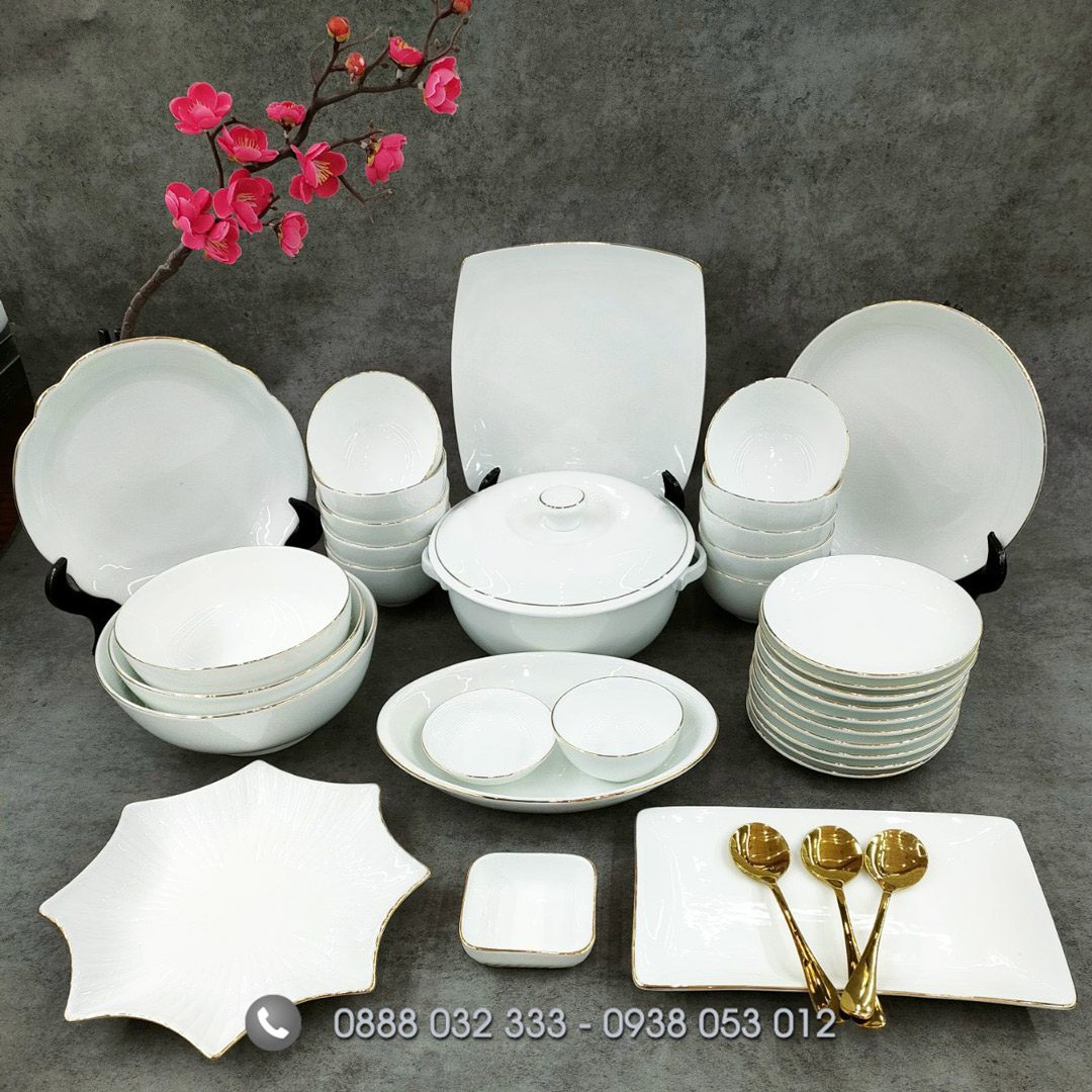 Mua Bộ Chén Đĩa Minh Châu Ở Đâu ? Bát Đĩa Đẹp Xuất Khẩu Bát đĩa nhà hàng sứ trắng viền vàng