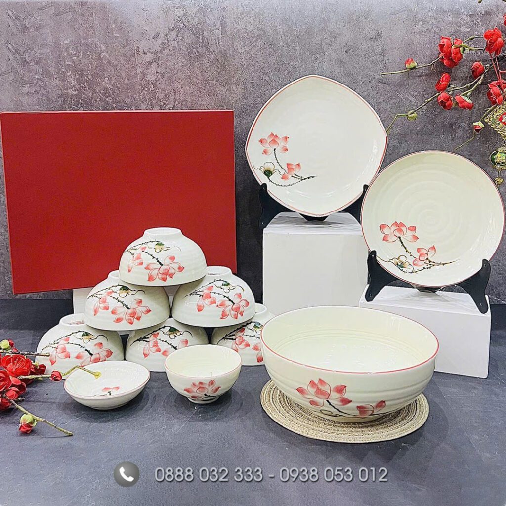 Bát Đĩa Nhà Hàng Bát đĩa nhà hàng vẽ sen hồng