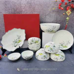 Bát đĩa nhà hàng vẽ sen xanh