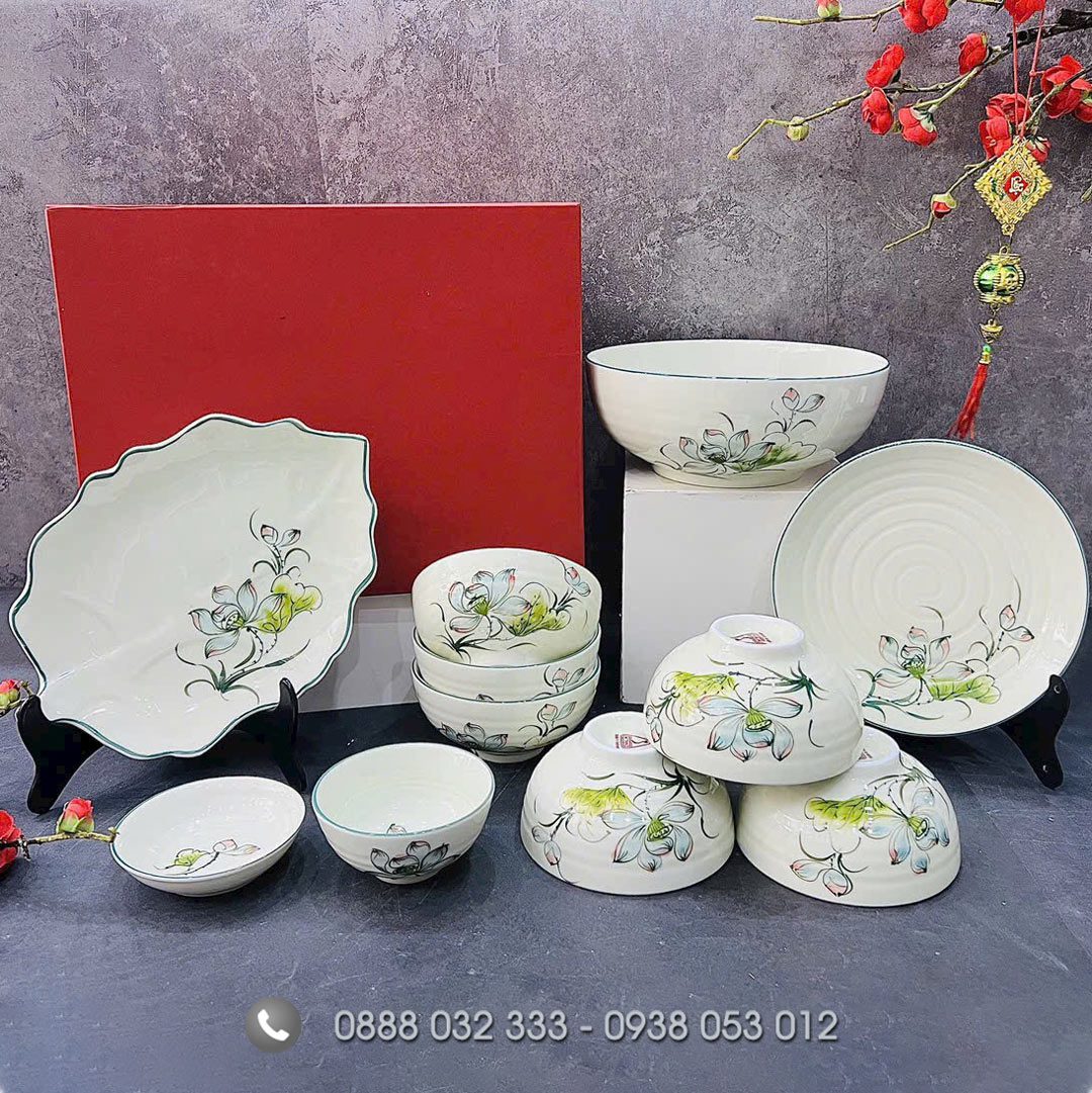 Địa chỉ mua bộ đồ ăn sứ cao cấp – bát đĩa chén sứ xuất khẩu Bát đĩa nhà hàng vẽ sen xanh