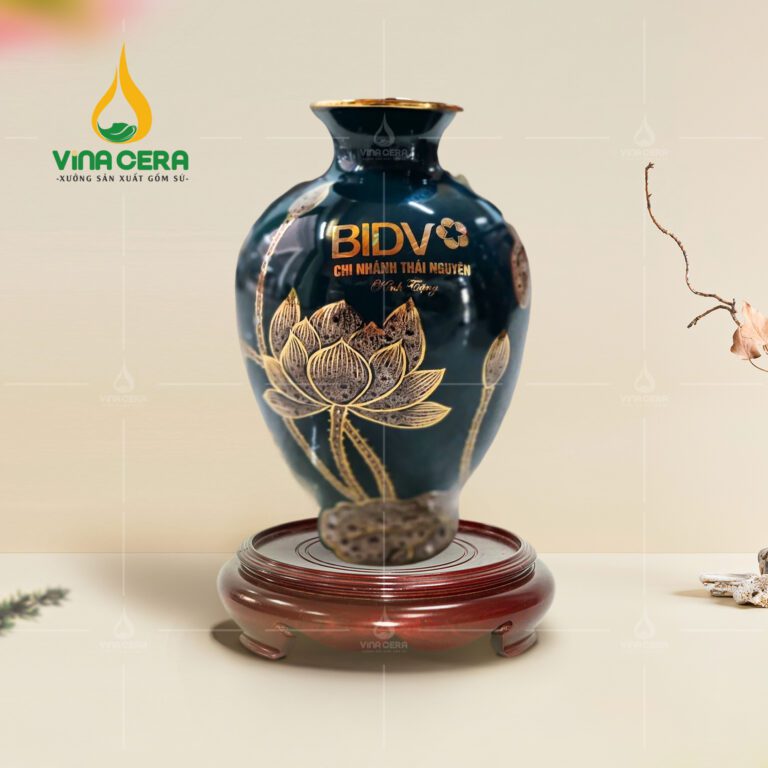 Lọ Hoa In Logo Bình Hoa Men Xanh Sen Gấm Vẽ Vàng