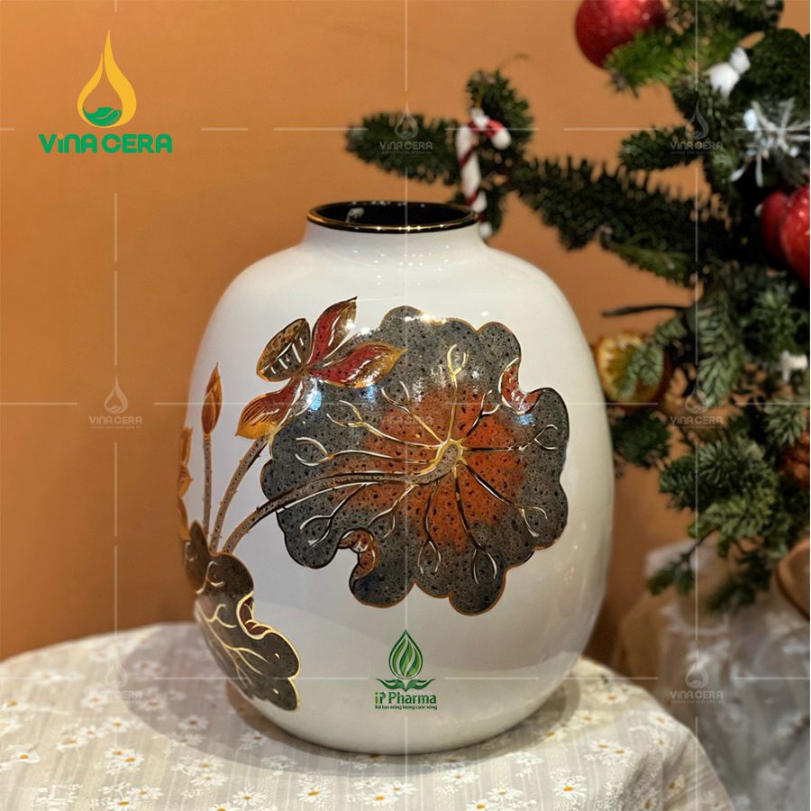 Gợi Ý Mẫu Lọ Hoa In Logo Quà Tặng Gốm Sứ Bát Tràng Cao Cấp Bình Hoa in logo Men Sen Gấm Vẽ Vàng