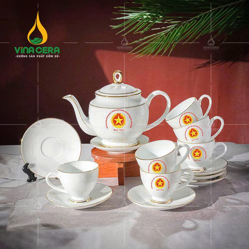 Ấm Chén In Logo Bộ ấm trà chỉ vàng in logo quà tặng