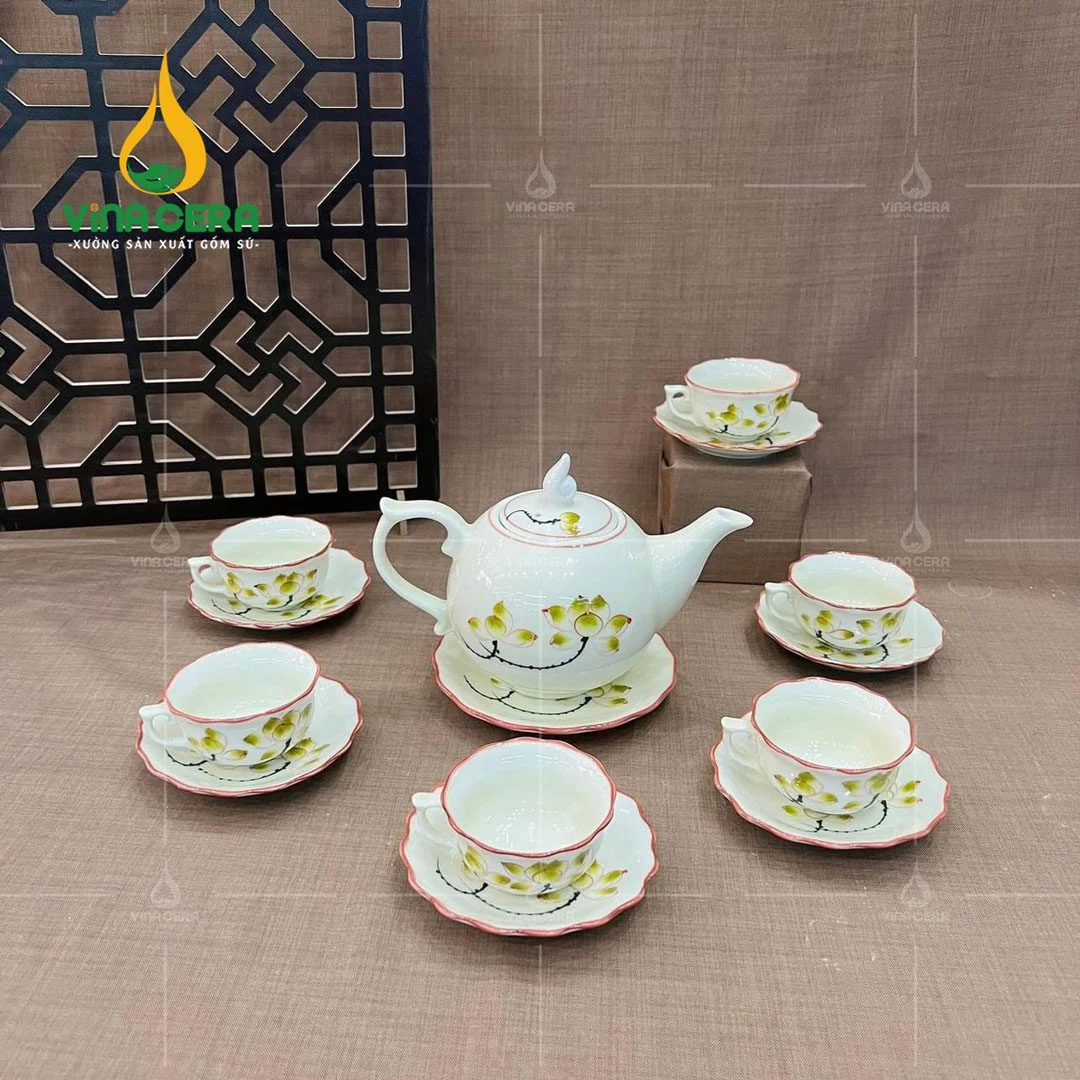 Xưởng sản xuất ấm trà in logo uy tín chất lượng nhất Bộ ấm trà sứ vẽ sen xanh