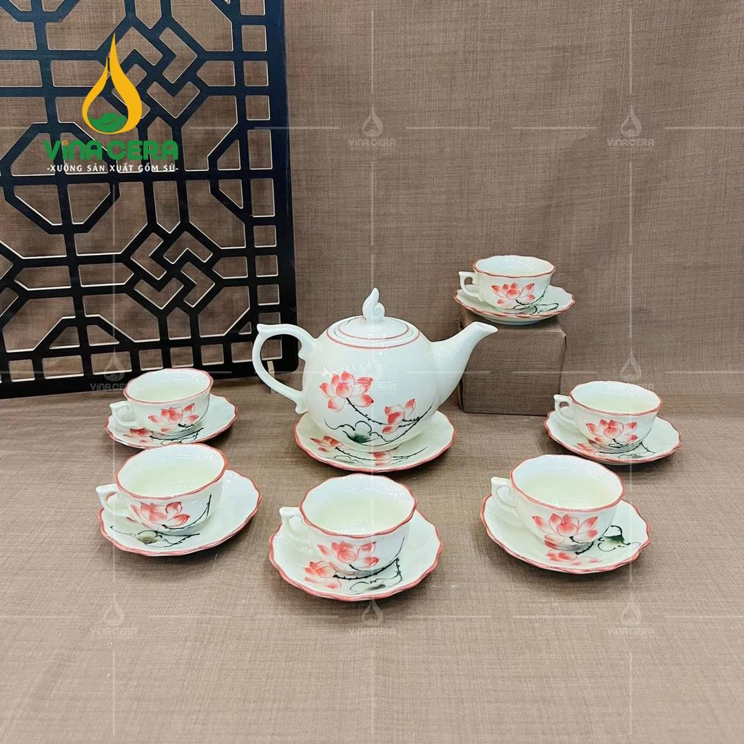 Bộ ấm trà sứ vẽ sen hồng