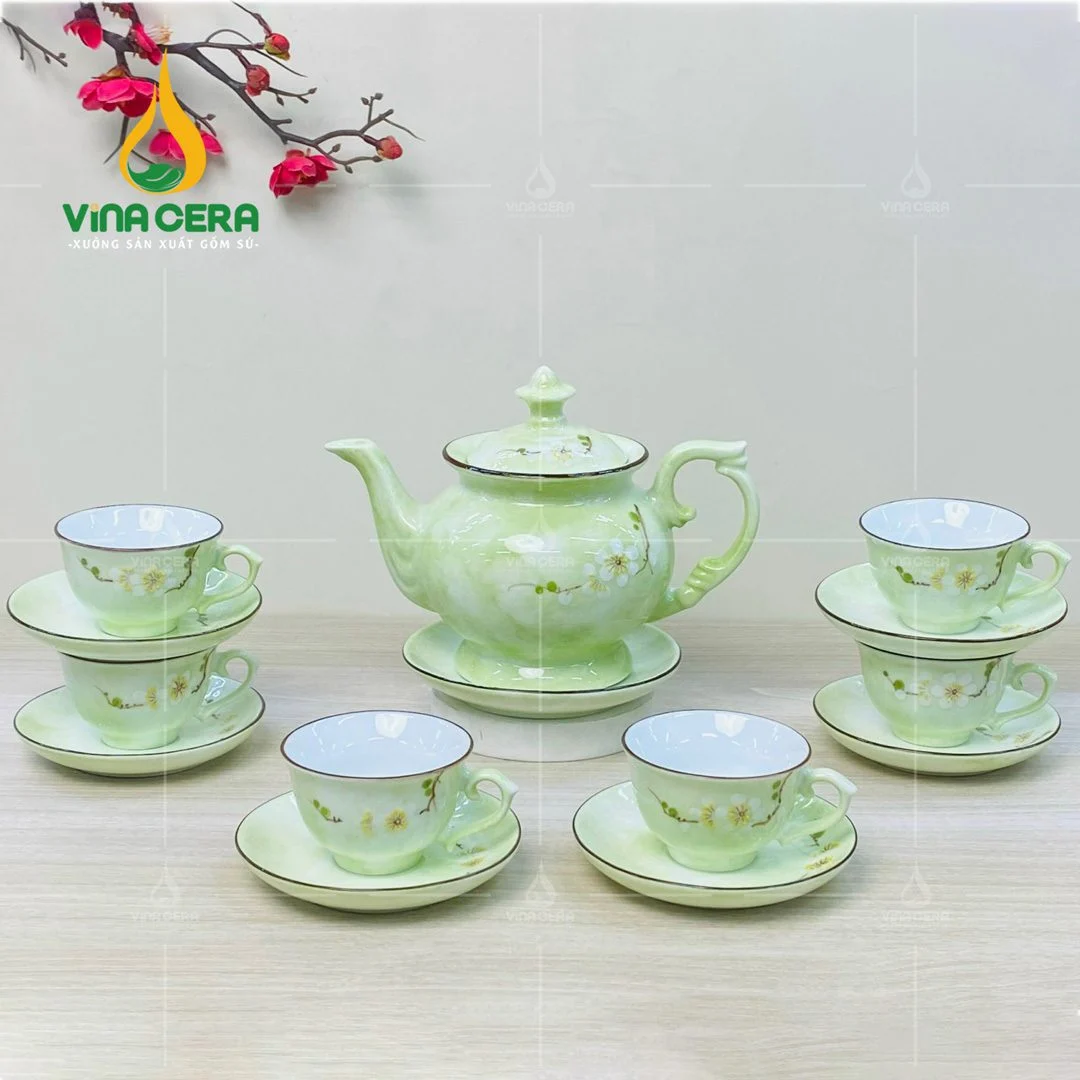 Bộ ấm trà sứ men vân đá vẽ hoa đào trắng