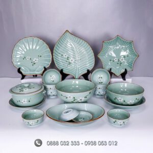 Chén đĩa nhà hàng men xanh vẽ hoa đào trắng