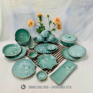 Chén đĩa nhà hàng men xanh vẽ hoa đào trắng