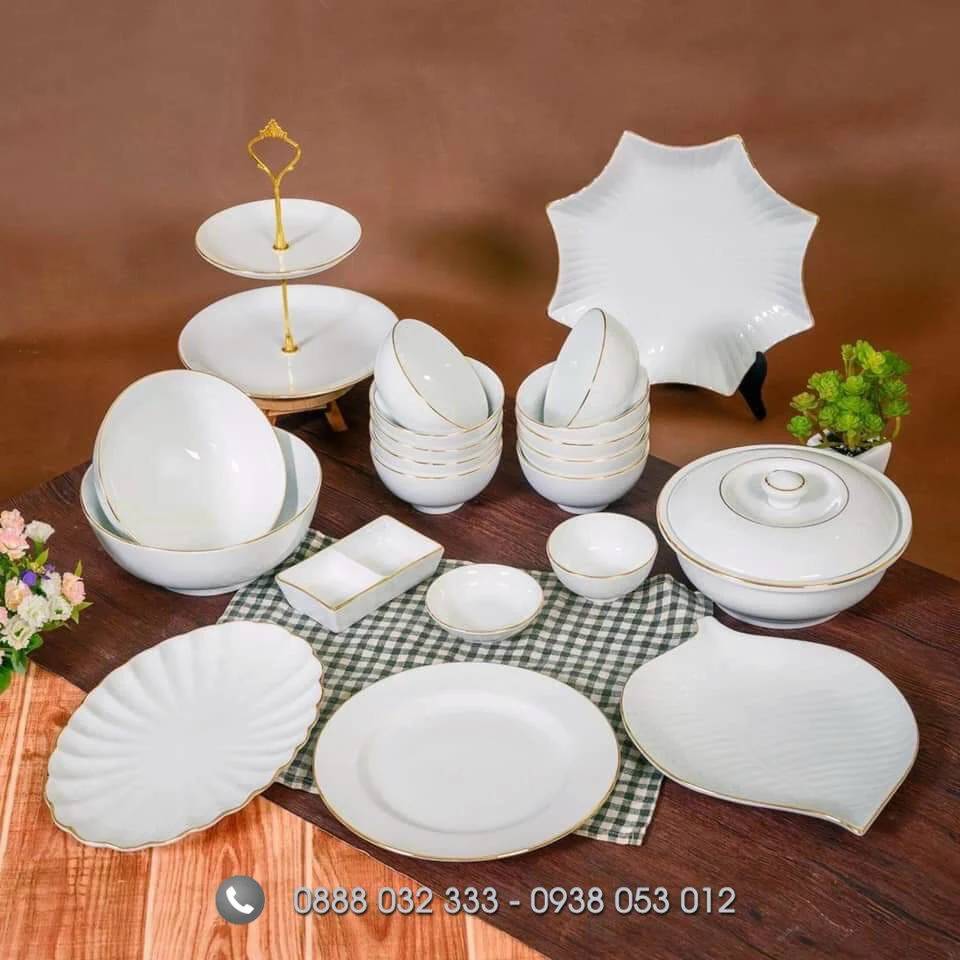 Địa chỉ kho cung cấp bát đĩa sứ trắng – tô chén sứ trắng Bát đĩa nhà hàng sứ trắng viền vàng